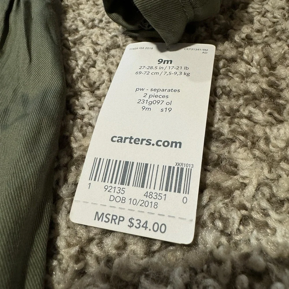 Carters Dark Green Olive Long Sleeve Baby Dress 9 Months Embroidered Holiday NEW